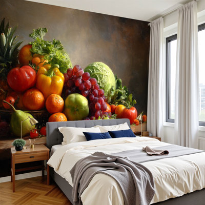 Peel and Stick Wallpaper Fruit Vegetables Canvas Colorful Food Painting Kitchen Dining Room Wall Murals 100"H x 144"W Removable PVC Wall Paper Self-Adhesive Wall Decor for Bedroom Living Room Home Office
