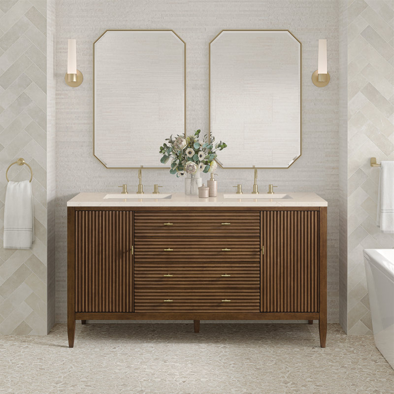 Myrrin 60'' W Double Vanity, Mid-Century Walnut, White Zeus, 8" Widespread