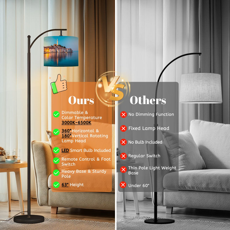 Arc Floor Lamp with Adjustable Lampshade Coastal town Rovinj Istria Croatia Standing Lamp 3 Color Temperatures Dimmable Tall Pole Lamp with Foot Switch for Bedroom