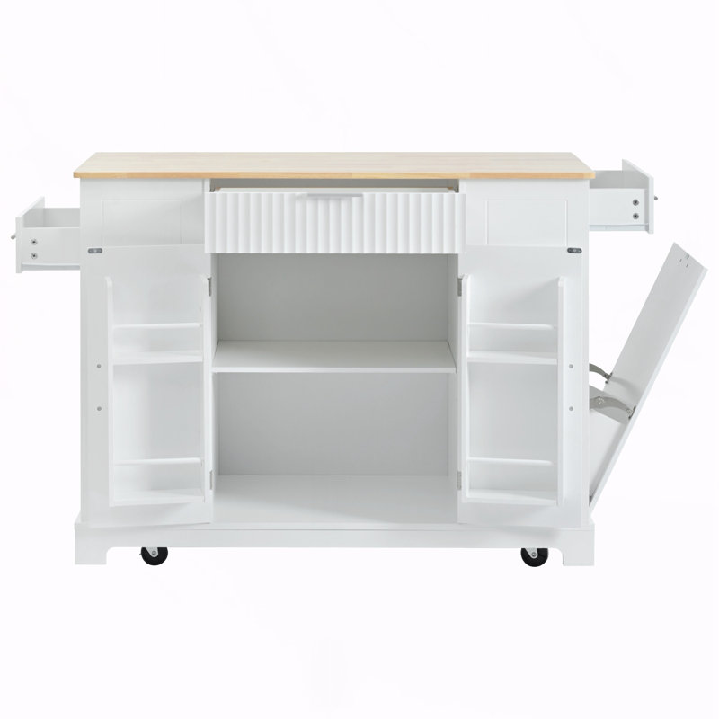 Îlot de cuisine roulant avec plateau en bois et armoire à poubelle, chariot de cuisine sur 5 roulettes, Blanc
