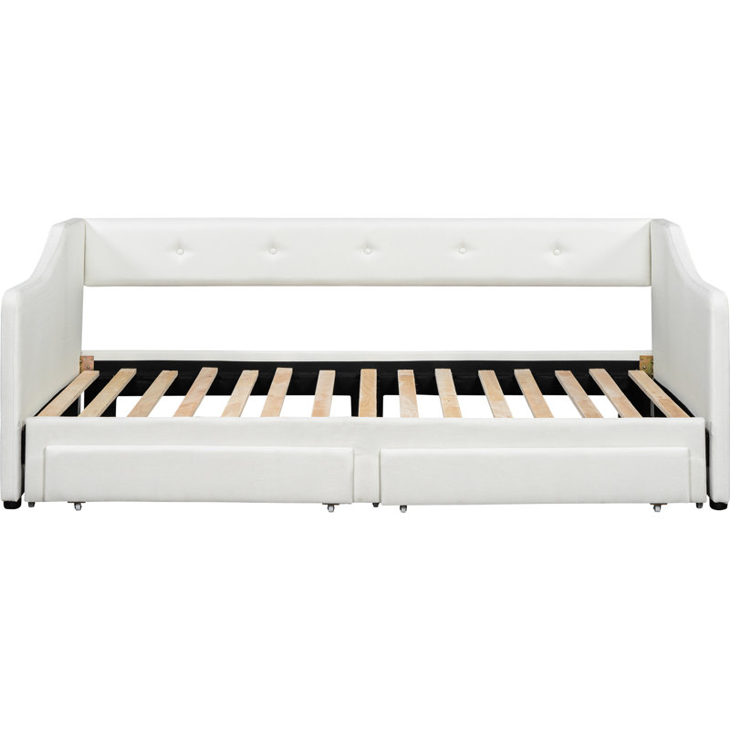 Beige, Expandable, Upholstered, Twin Xl To King Daybed, Pull - Out Drawers, Ergonomic Support For Back And Arm, Soft Fabric King, Upholstered Buttoned Drawer Surfaces, Comfortable