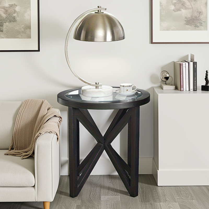 Table basse moderne simple en verre - plateau en verre trempé avec base en bois massif, design rond transparent pour salon, terrasse, bureau