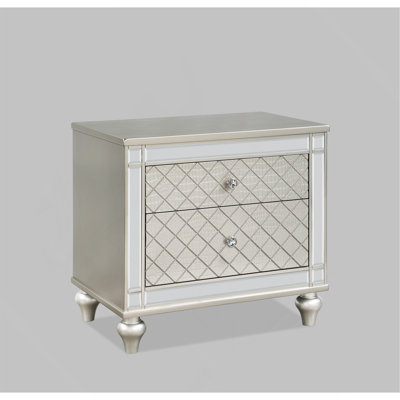 1pc Glam 2-Drawer Bedroom Nightstand Diamond Patterned Drawer Fronts Silver Finish