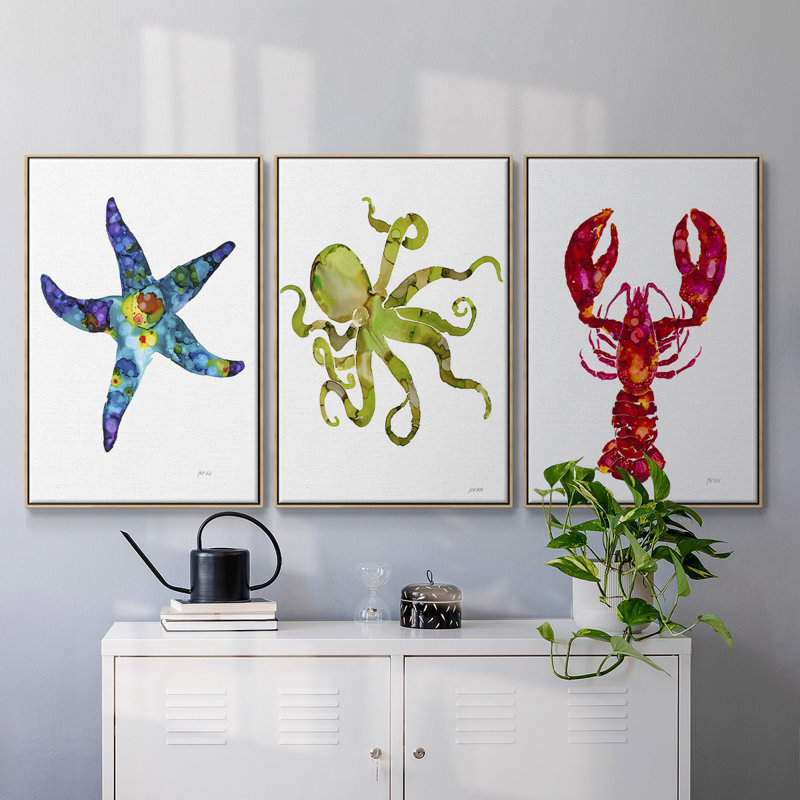 Homard, impression sur toile 3 pièces, Cadre en bois naturel, H 48 po x l 96 po x P 2 po