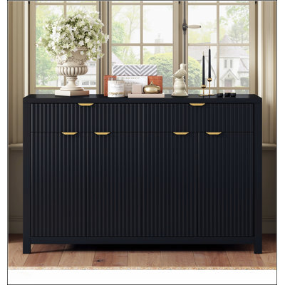 Modern Wave-Pattern Sideboard Cabinet with 2 Drawers, 4 Doors, 3-Level Adjustable Shelves, Aluminum Arc Handles, Scandinavian Style, 3 Colors, for Entryway, Living Room, Foyer