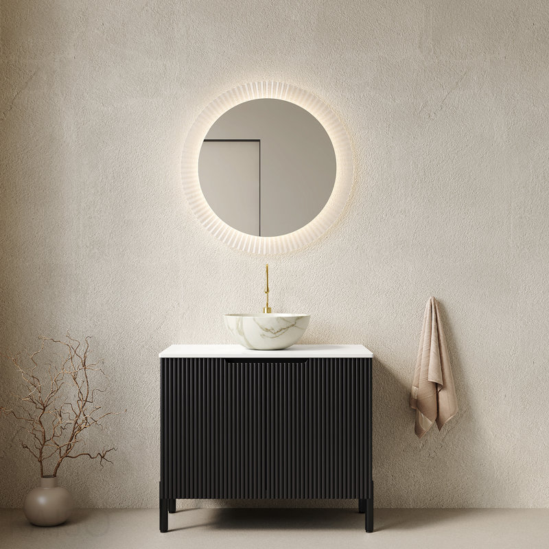 24" Bathroom Vanity With Sink, Freestanding Bathroom Storage Cabinet With 2 Doors, White Bowl Ceramic Basin With Stone Pattern And Carrara White Sintered Stone Countertop, No Faucet, Black Color