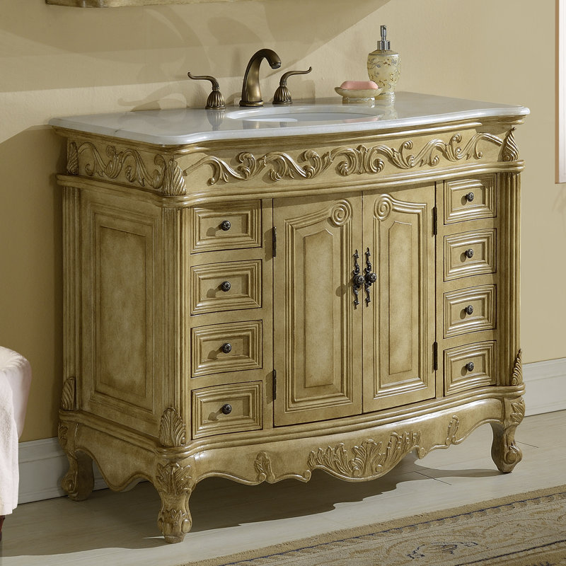 48'' Single Bathroom Vanity with Top, White Marble, Antique Ivory