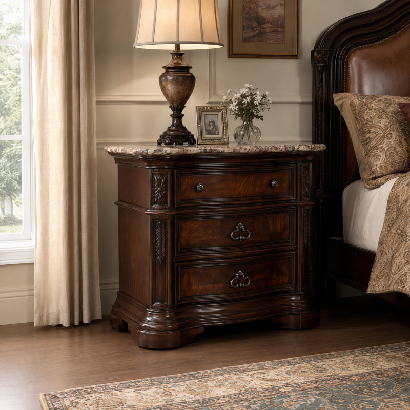 Table de chevet traditionnelle avec plateau en faux marbre, table de chevet 3 tiroirs