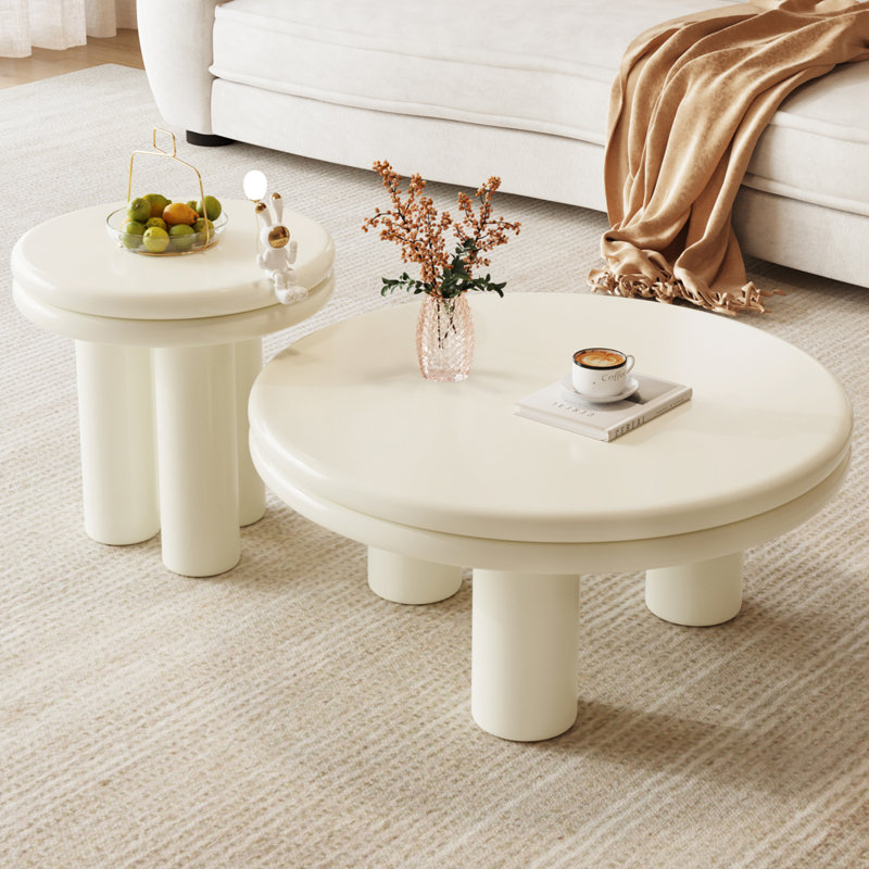 Round Coffee Table Set,Modern Nesting Coffee Table,Cream White 2 In 1 Living Room Coffee Table