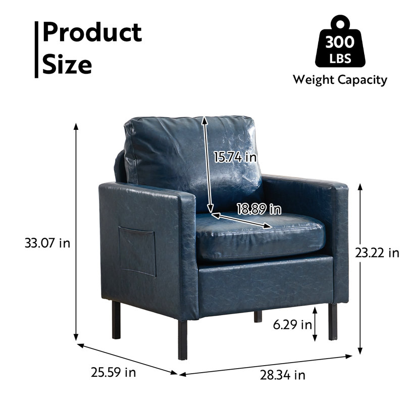 Faux Leather Accent Chair With Metal Legs & Side Pocket, Blue