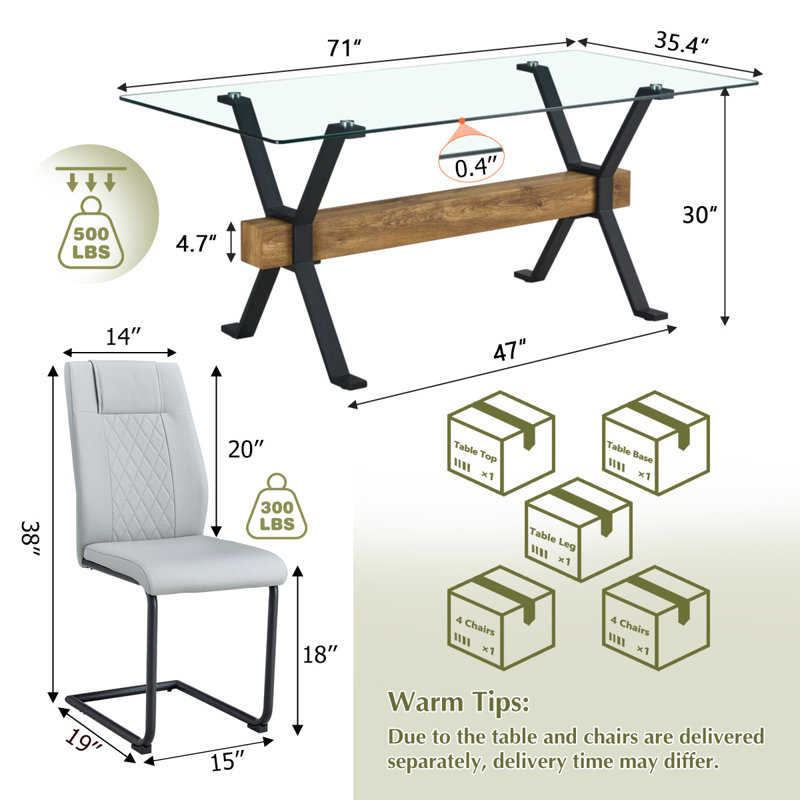 7-Piece Glass Top Dining Table Sets, Light Gray/Black, Black