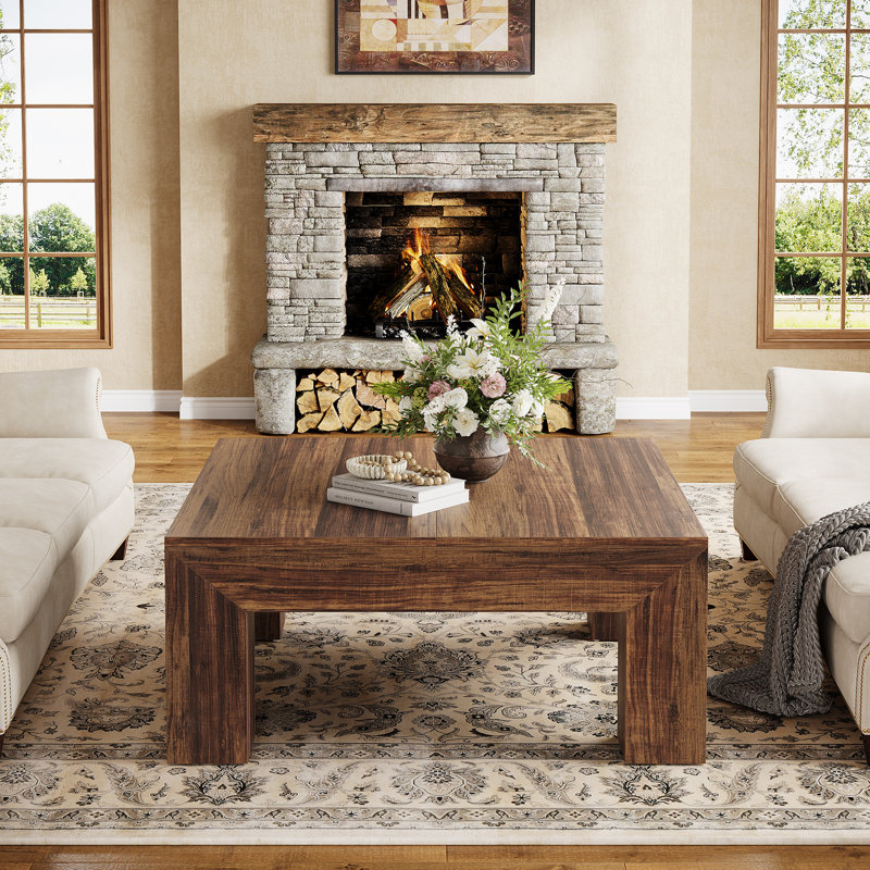 39.4-Inch Square Coffee Table, Wood Living Room Centre Table, Dark Brown
