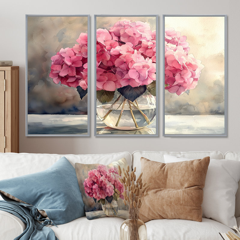 Hortensias dans un vase en verre II - art mural hydrangées - 3 panneaux, Argent argent, H 28 po x l 36 po