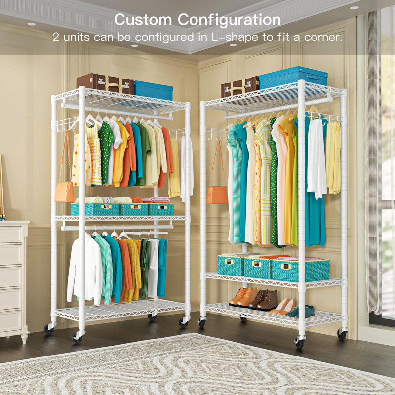 Weighted Hanger, 3-Tier Adjustable Rolling Metal Closet Organizer with Lockable Rollers, Freestanding Closet with Double Hanger Rods and 1 Pair of Hooks