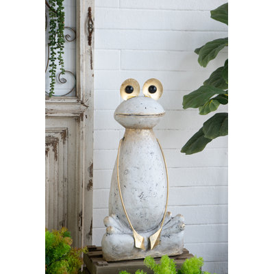 Abstract White Magnesium Frog Figurine with Gold Arms and Eyes