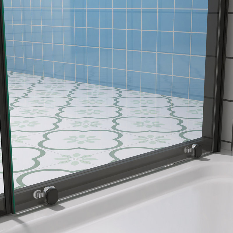 Single Sliding Shower Door 56-60" W X 72" H Semi-Frameless Shower Glass Panel, 1/4" (6Mm) Clear Tempered Glass, Transparent Safety Film For Glass,Aluminium Alloy Matte Black,Reversible Installation