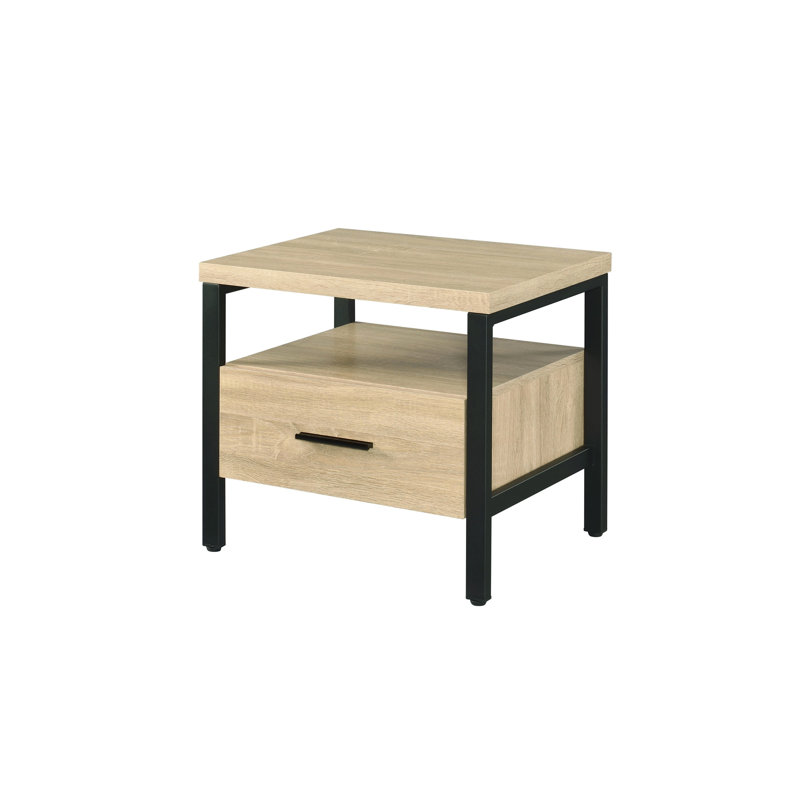 Table d'appoint avec finition chêne et noir, pieds en métal, 1 tiroir de rangement et table à compartiments ouverts, noir