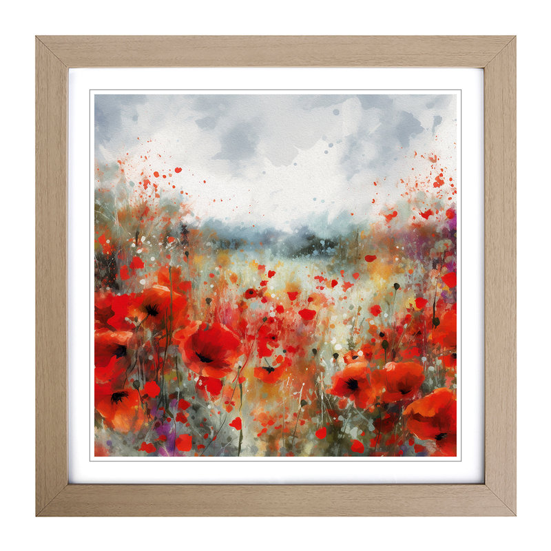 Poppy Field Splatter No.2 - Single Picture Frame Print on Wood, Oak
