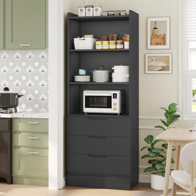 73.23'' Tall Storage Cabinet Bookcase with 3 Drawers and 3-Tier Open Shelves Wooden Bookshelf Kitchen Pantry Storage Organizer Cabinets for Living Room, Study, Kitchen,Bathroom,Black