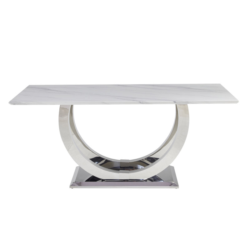 69.30 Inch Rectangular Dining Table, Modern Simple, Marble Tabletop, MDF Tabletop, Stainless Steel Mirror Surface In Silver Color, Suitable For 4-6 People Marble Pattern