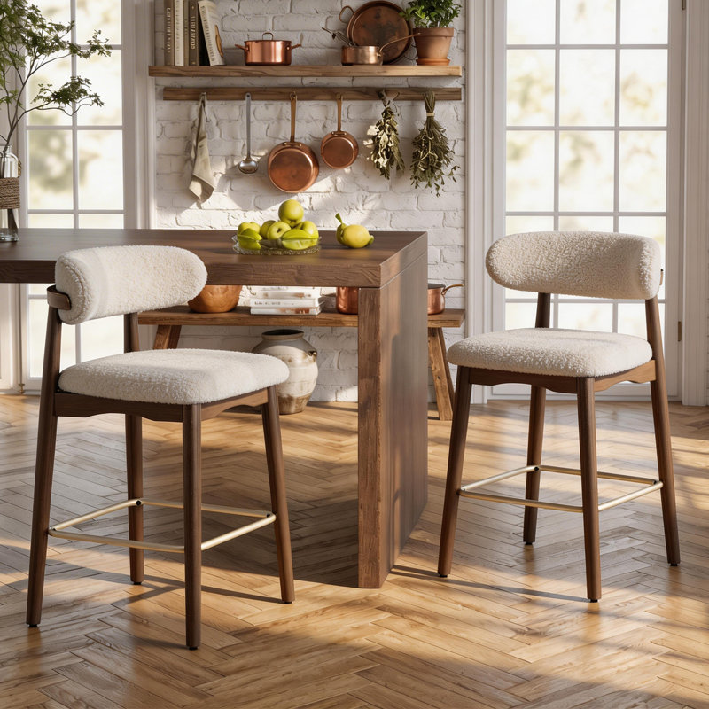 Tabouret de bar moderne à hauteur de comptoir avec dossier, non pivotant, pieds en bois d'hévéa massif et repose-pieds en métal bronze