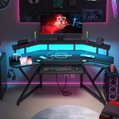 Berlanga Gaming Desk with Power Outlet & Led Strip, Large Wing-Shaped Computer Desk with Monitor Stand