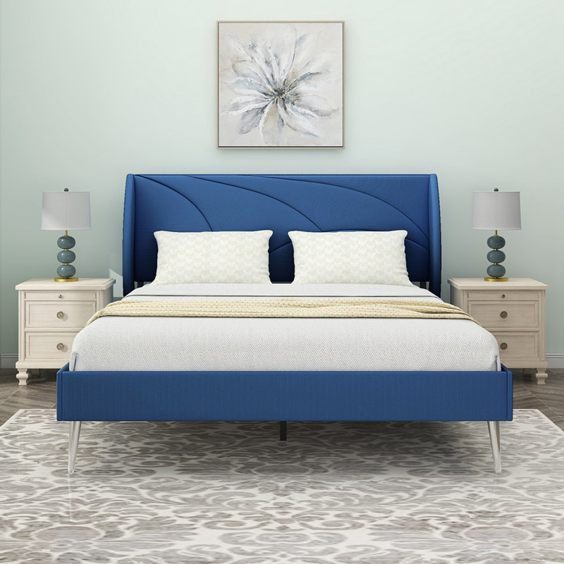 Lit plateforme simple tapissier, Bleu clair, Grand