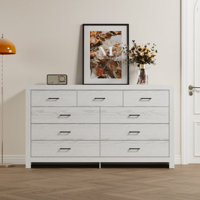 White Nine-Drawer Dresser - Spacious Storage With Black Handles & Smooth Slideways by MoonQuake