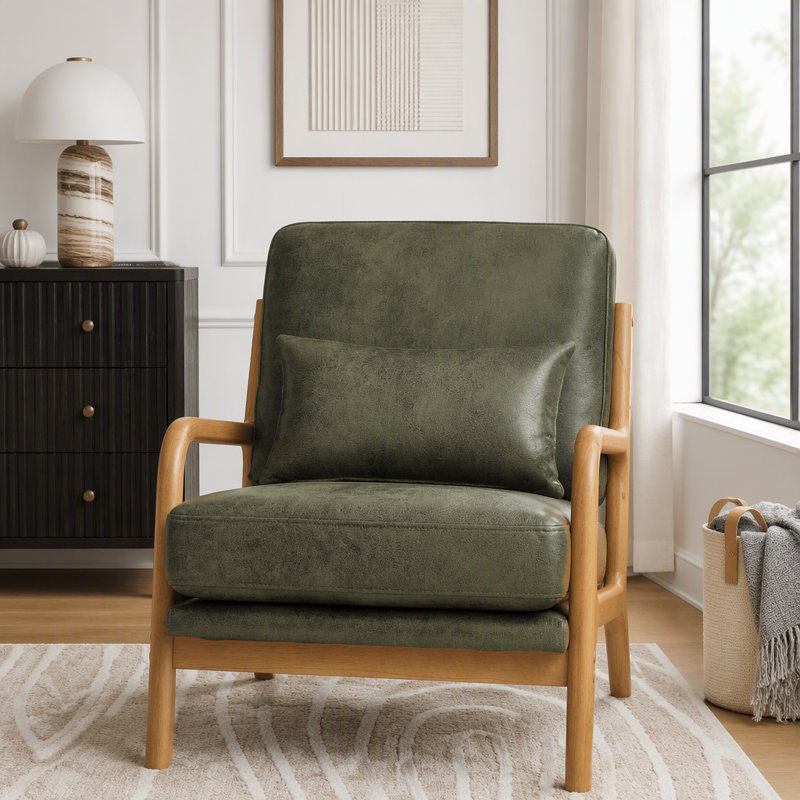 Fauteuil lounge en bois avec tissu métallique, Tissu vert olive