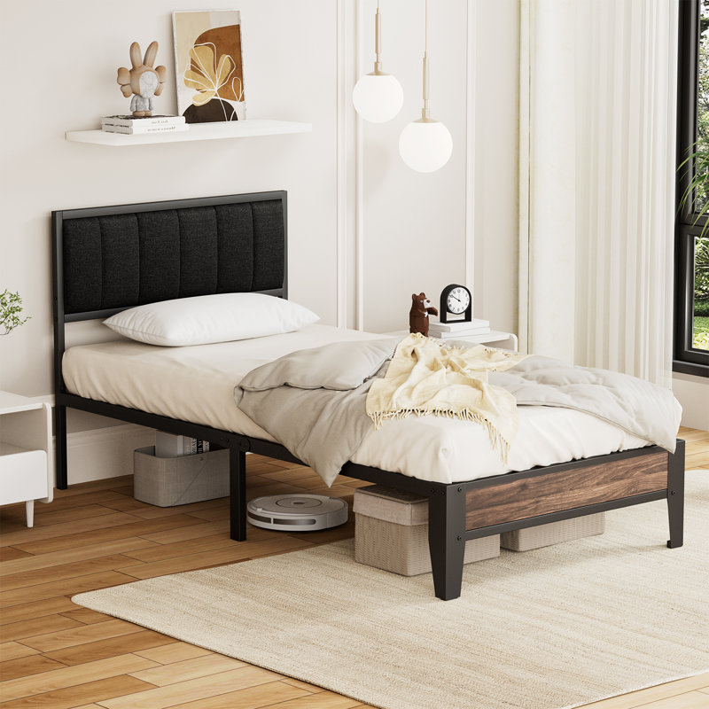 Upholstered Bed Frame with Headboard Platform Bed Frame, Black, Twin XL