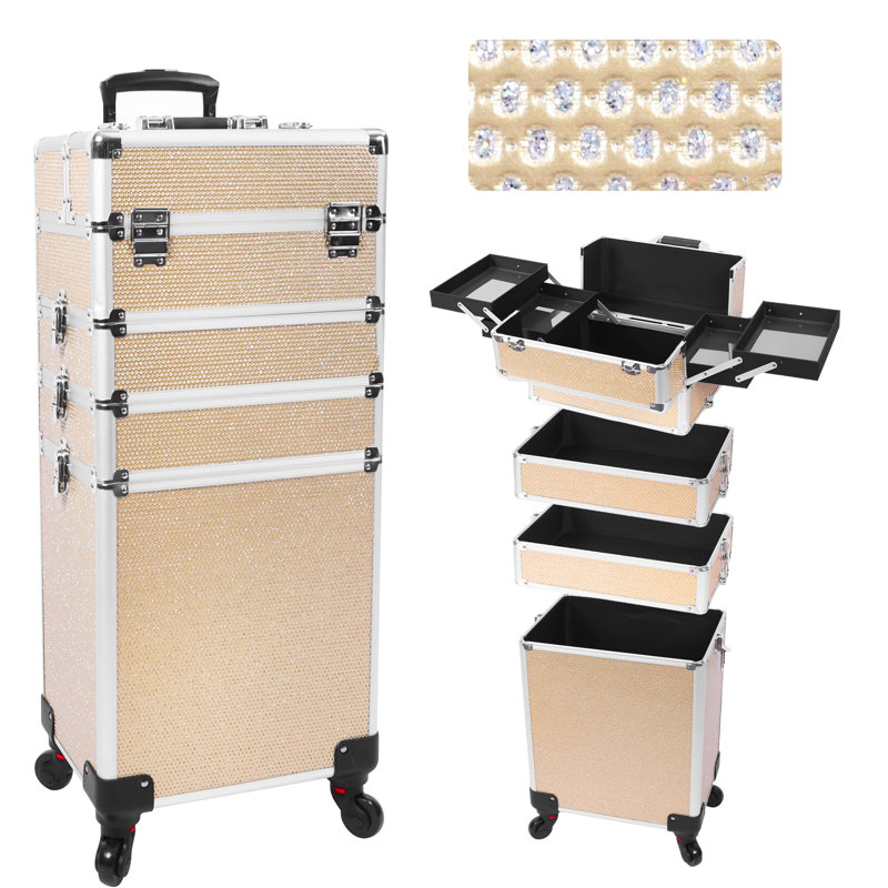 Stylish Rolling Makeup Case With Wheels, 5-In-1 Transformable Cosmetic Trolley With Crystals