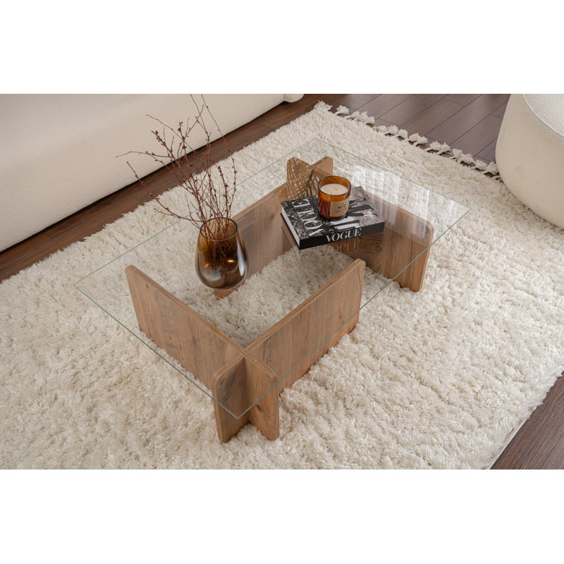 Modern Coffee Table with 100% Tempered Glass Top, Atlantic Pine Color, 41.3 x 11.8 x 25.6 inches | Sturdy 100% Melamine Coated Particle Board Frame, Elegant & Functional Design for Living Room & Lounge Spaces