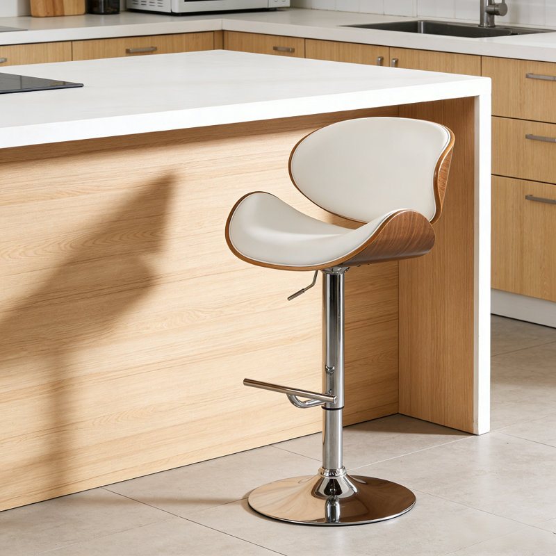 Tabouret de bar pivotant moderne en bois cintré, tabouret de comptoir à hauteur réglable, Blanc
