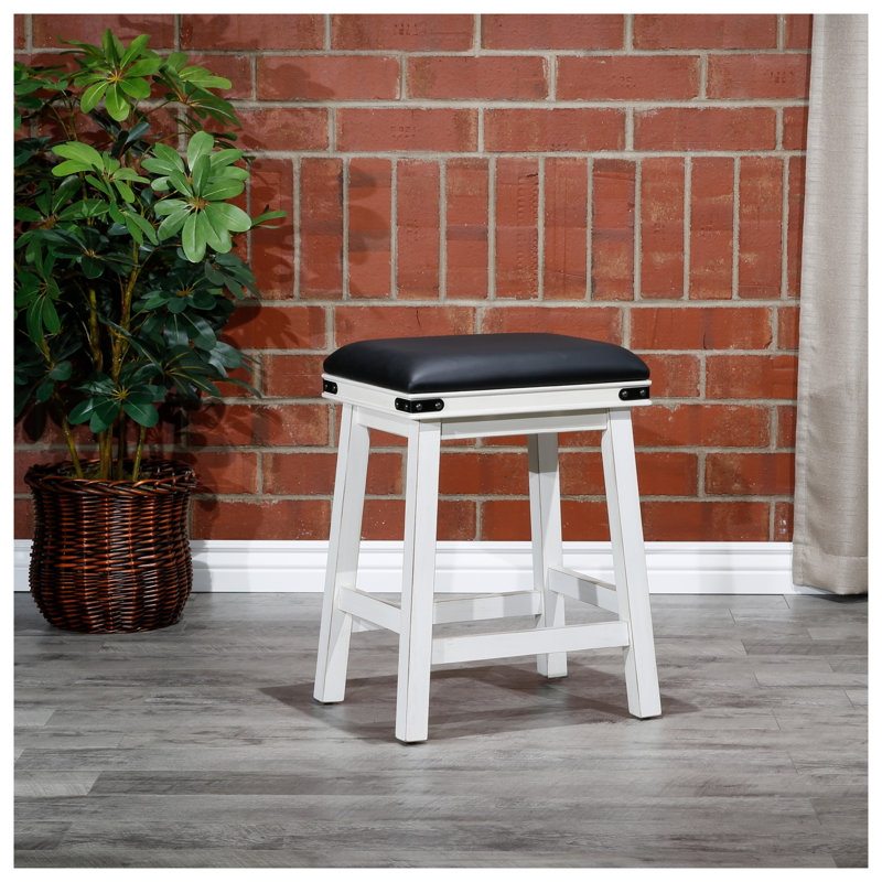 Tabouret de comptoir de 24 pouces avec finition blanc antique et siège en cuir noir - Tabouret de bar de cuisine confortable avec structure en bois massif