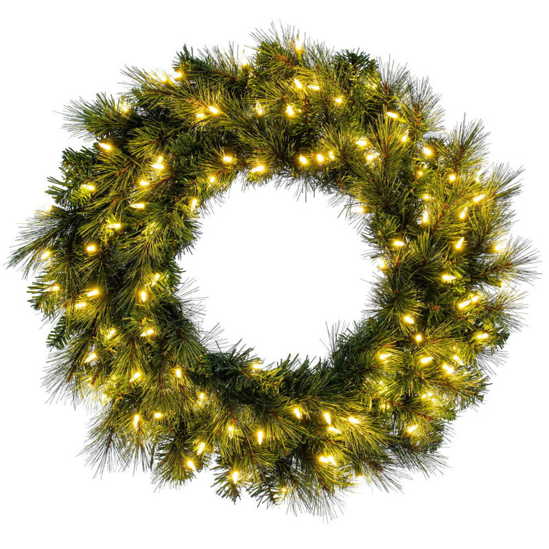 Brighton Pine Artificial Wreath with 100 Warm White LED Mini Lights, 30" H x 30" W x 30" D