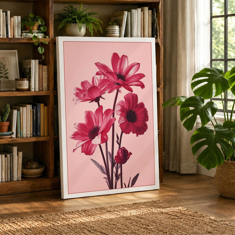 Gerbera Daisies in Bloom Botanical - Wrapped Canvas, 18x12 - 45.7 x 30.5 cm, Ochre Border