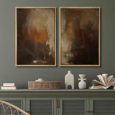 Rustic Brown Abstract Canvas Print Wall Art Set of 2 - Earth Tone Modern Decor for Bedroom or Den