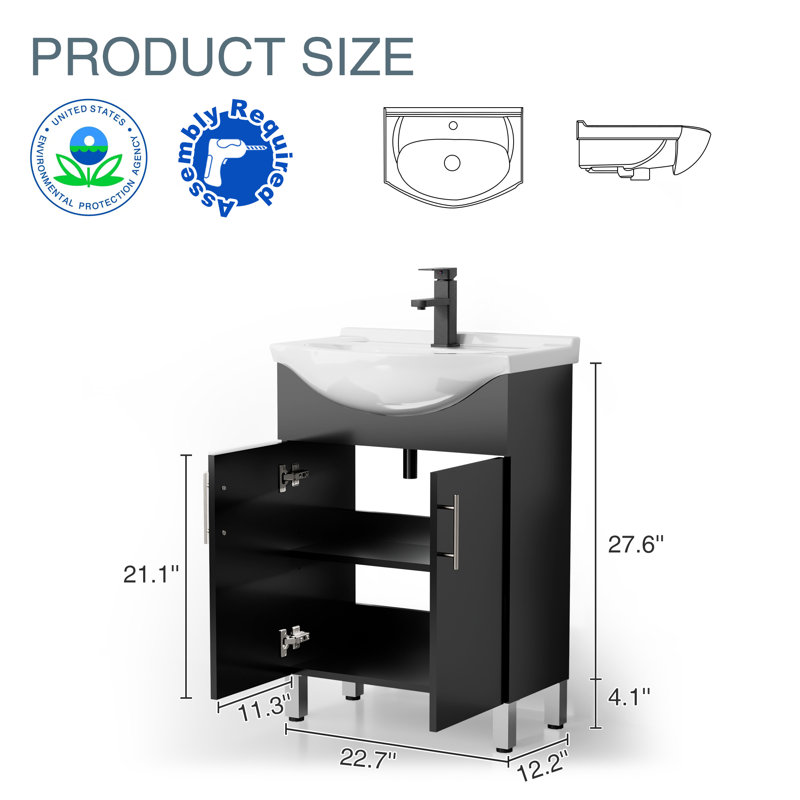 24" Freestanding Single Bathroom Vanity with Thick Euro Ceramic Sink, Faucet, Black