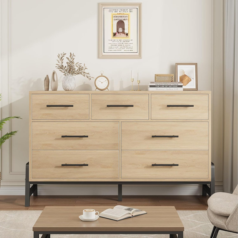 7 Drawer Dresser, Freestanding 52" Wide Drawer Dresser With Storage, Wooden Closet Storage Chest, Yellow