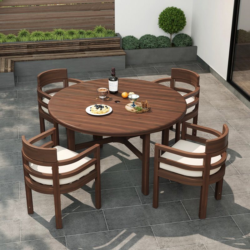 Ensemble repas pour 4 personnes avec coussins et trou pour parasol, Moka