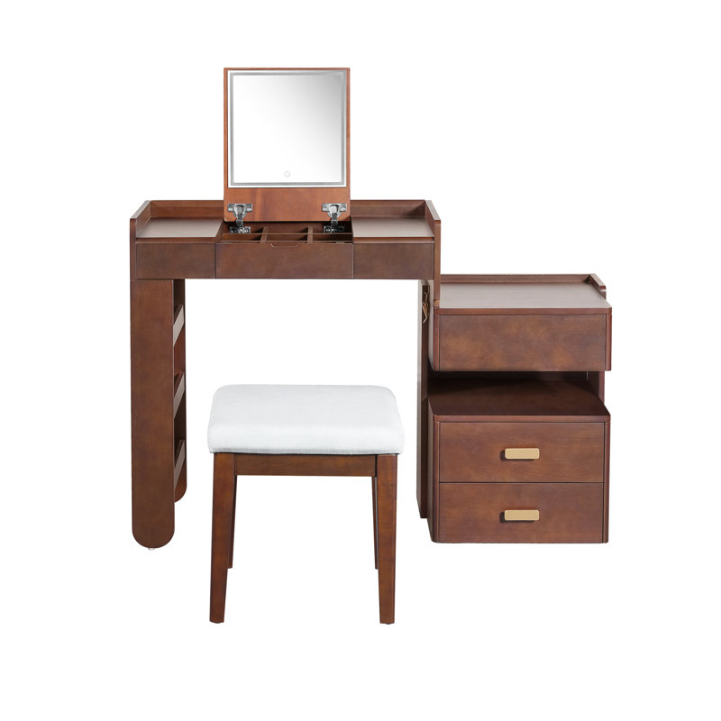 Walnut 31 Makeup Vanity With 3-Colour Adjustable Lighting, Fold-Down Mirror, And Retractable Side Cabinet For Home Use Table Led Ample Storage Drawers