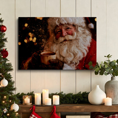 Vintage Cozy Santa Claus Hot Cocoa Canvas Wall Art Graphic Print 24x18 Inch - Living Room Decor
