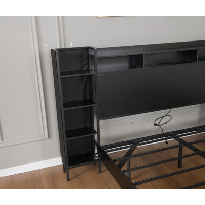 Full Size Floating Bed Frame with USB Charging Station, Storage Headboard and with Led Light, Heavy Duty Metal Platform Bed Frame, No Box Spring Needed, Black