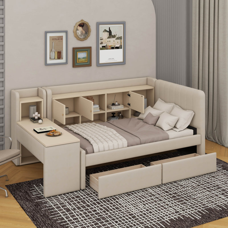 Lit de jour simple tapissier avec tiroirs, tablettes, armoires rabattables et table d'appoint, Beige