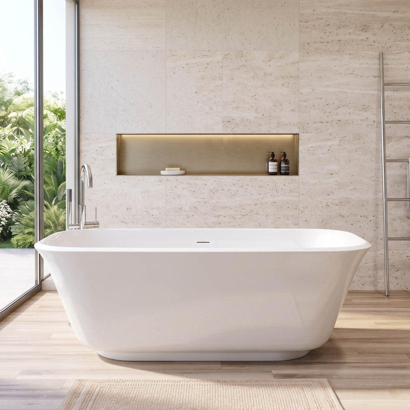 Baignoire de trempage autoportante moderne en acrylique de 67 pouces à plusieurs couches, finition blanche ultrabrillante avec excellente rétention de la chaleur, surface anti-jaunissement et facile à nettoyer pour une salle de bain spa luxueuse