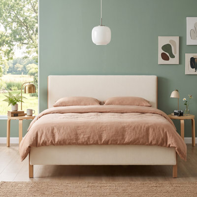 Modern Minimalist Upholstered Bed, Queen, White Linen