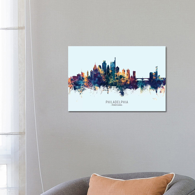 Philadelphia Skyline Blue Orange by Michael Tompsett - 1 Piece Wrapped Canvas Wall Art, 66.04 cm H x 45.72 cm W x 3.175 cm D