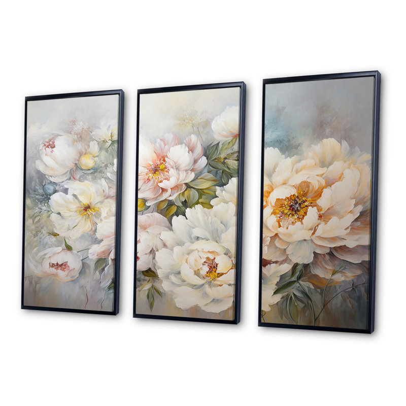 Ensemble de décoration murale pivoines blanches - pivoines, H 28 po x l 36 po x P 1 po, Cadre flottant noir