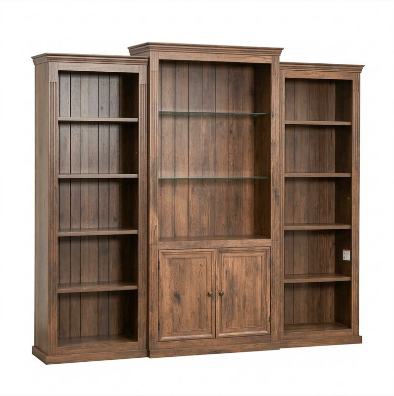 Bibliothèque brune de 78,75 po de hauteur avec 3 lumières DEL, armoire de présentation de style rétro avec tablettes en verre trempé, unité de rangement idéale pour le salon, le bureau, le studio et l'espace de travail