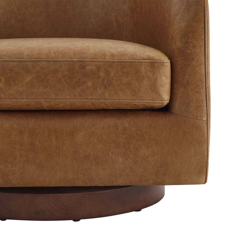 Bennett Genuine Leather Swivel Barrel Chair With Ottoman, Marseille Brown Genuine Leather